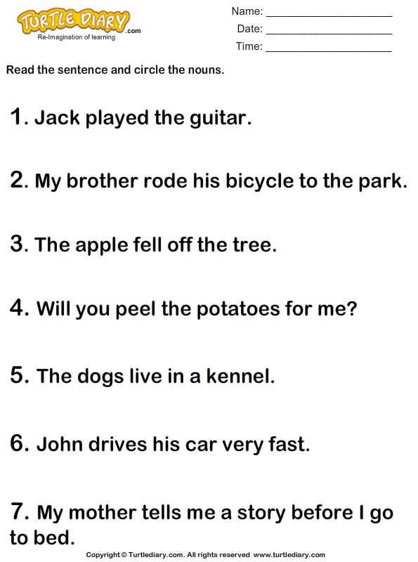 Read The Sentence and Identify Nouns Turtle Diary Worksheet