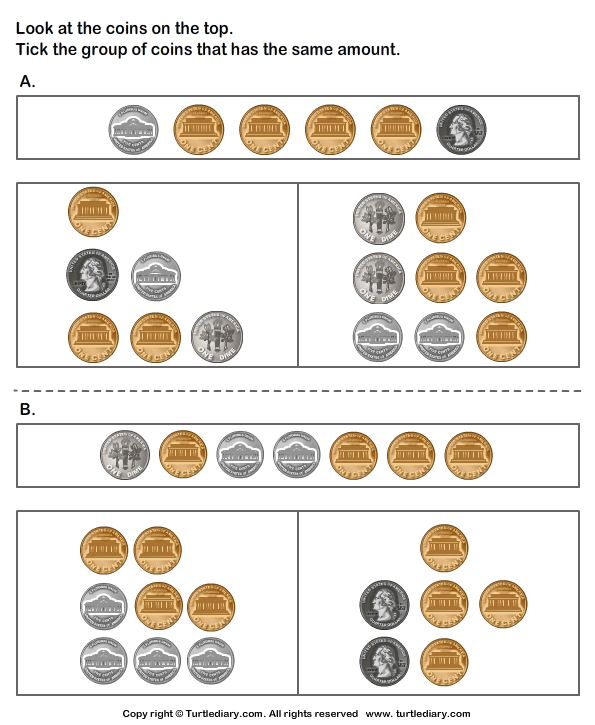 Same Amount with Different Coin Combinations Turtle Diary Worksheet