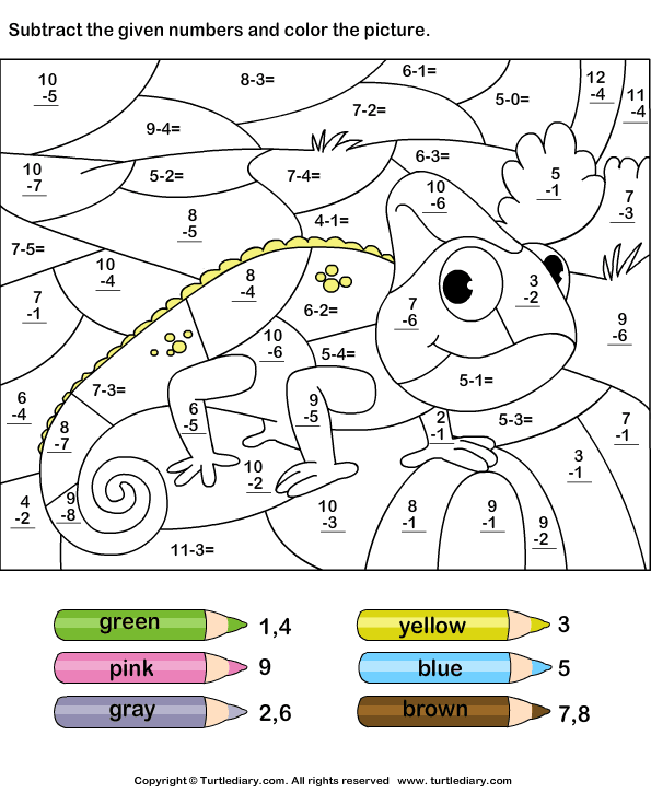 Subtract Numbers and Color Picture | Turtle Diary Worksheet