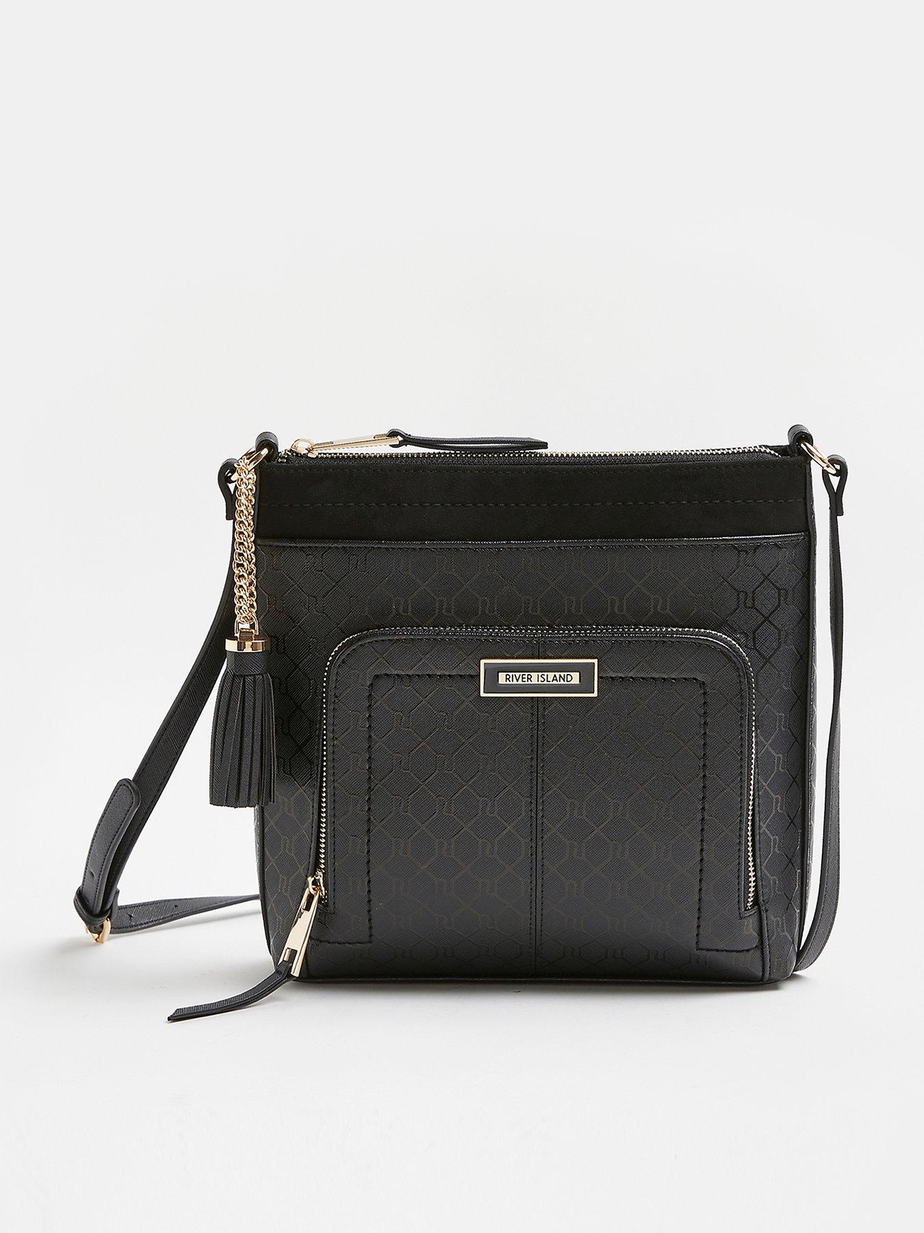 River Island RI Monogram Embossed Messenger Bag Black very.co.uk