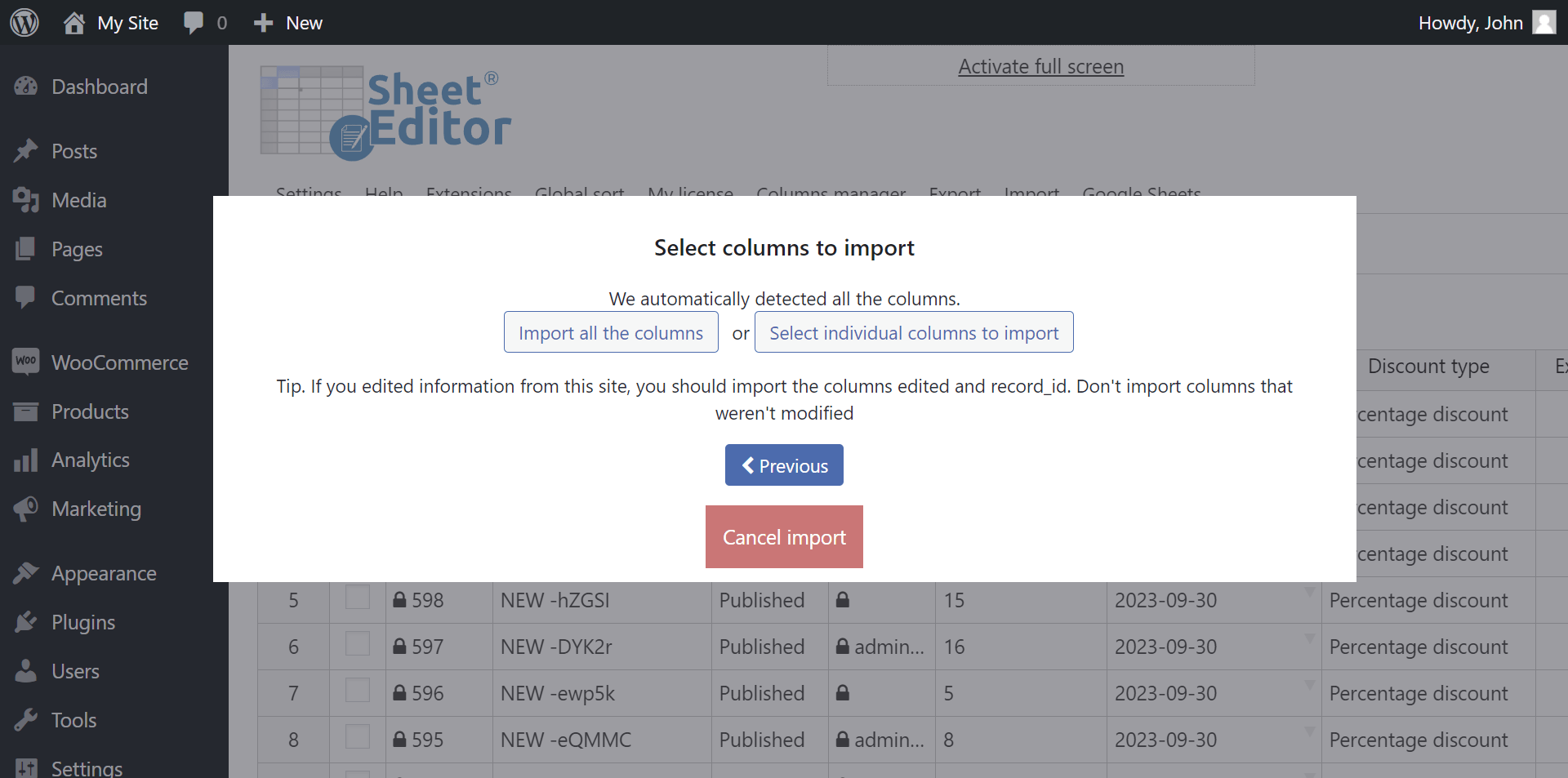 Import Coupons from Google Sheets WP Sheet Editor