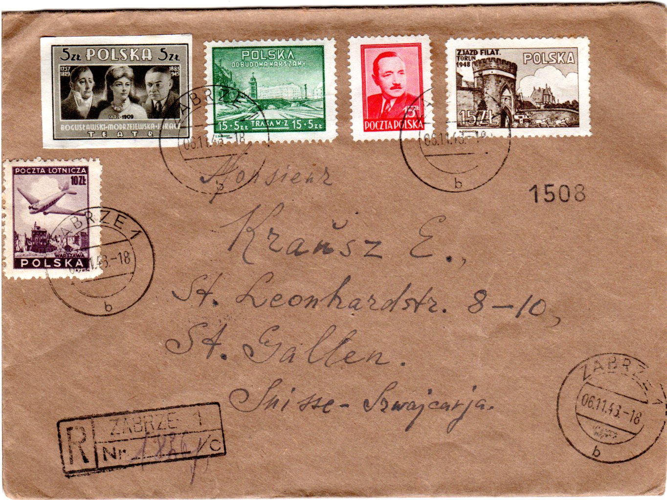 Polen 1948, 5 Marken auf Einschreiben Brief v. ZABRZE i.d. Schweiz