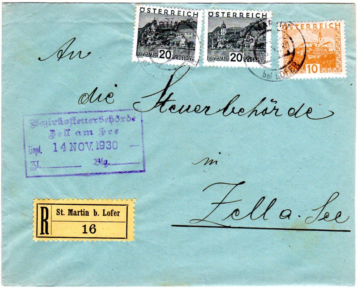 Österreich, 10+2x20 Gr. auf Einschreiben Brief v. St. Martin b. Lofer