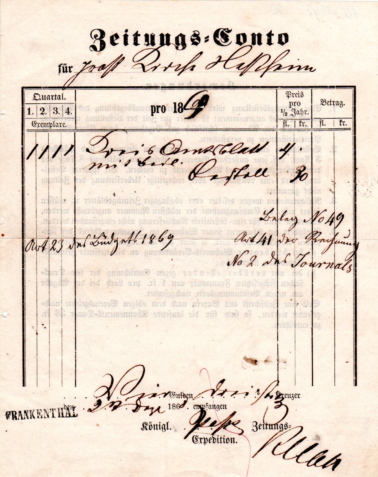 Bayern 1868, L1 Frankenthal auf Formular ZeitungsConto · Heiner Zinoni