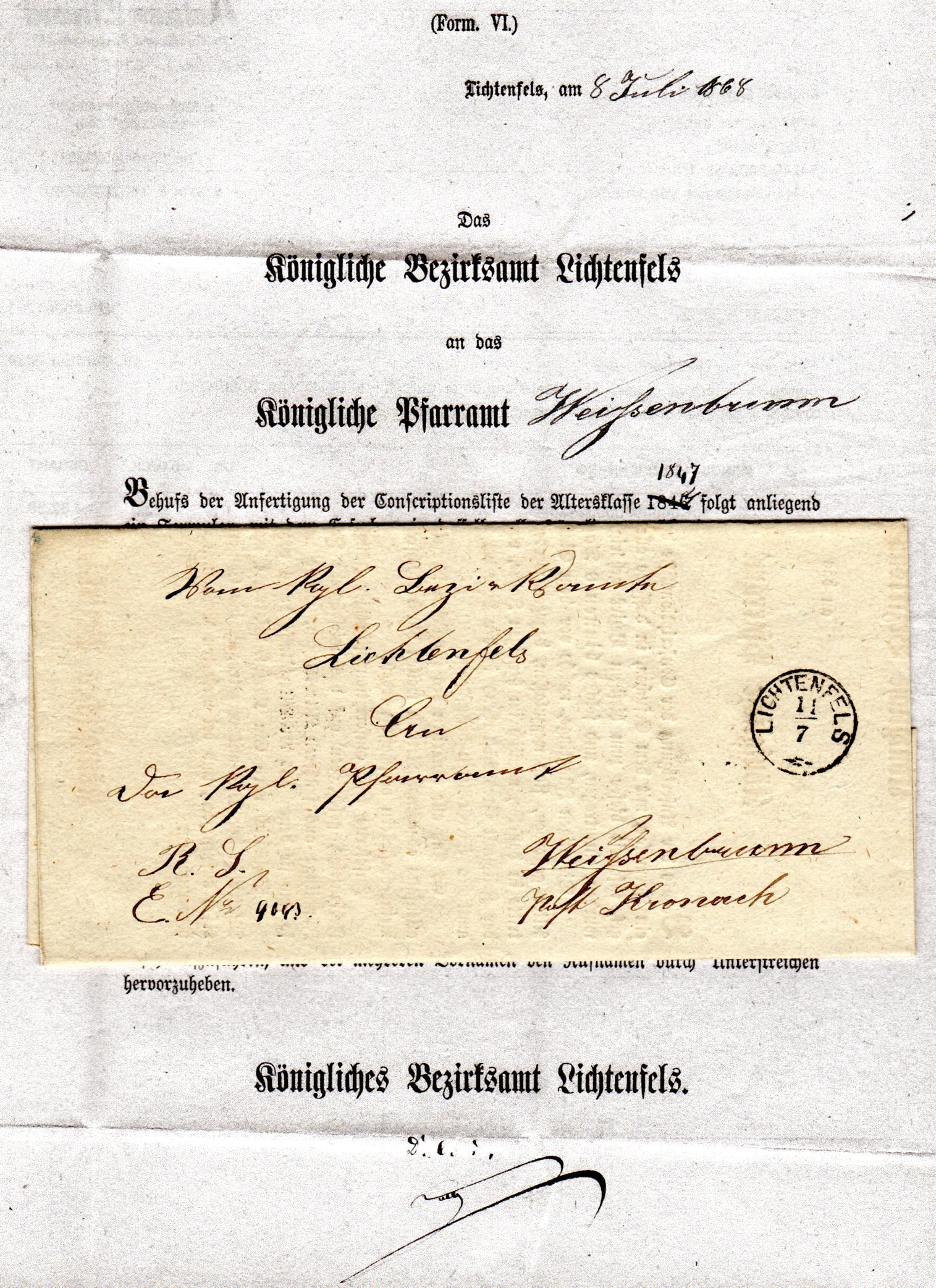 Bayern 1868, Zierstempel LICHTENFELS auf sehr schönem Brief n