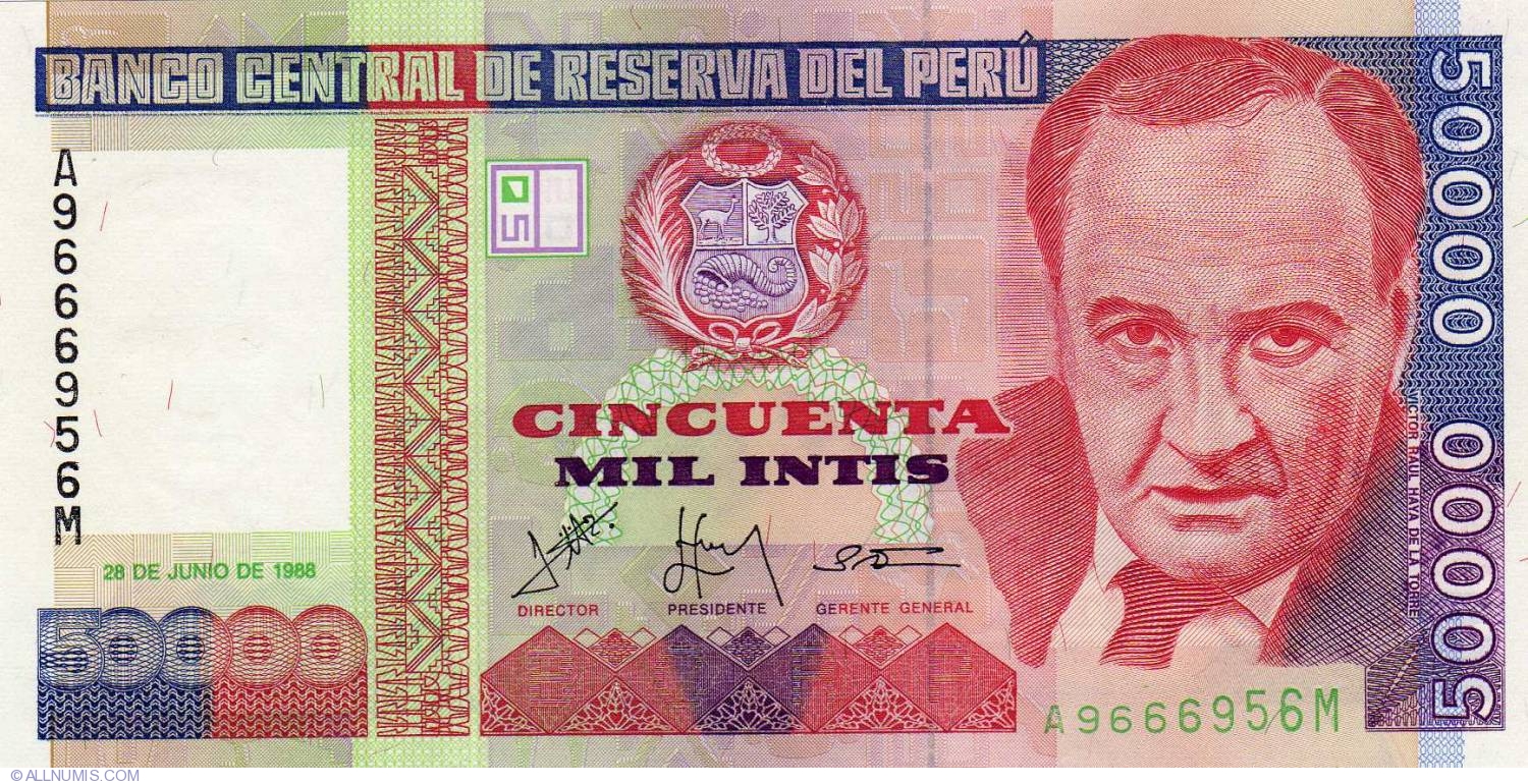 50,000 Intis 1988 (28. VI.), 19851991 Issue Peru Banknote 1519