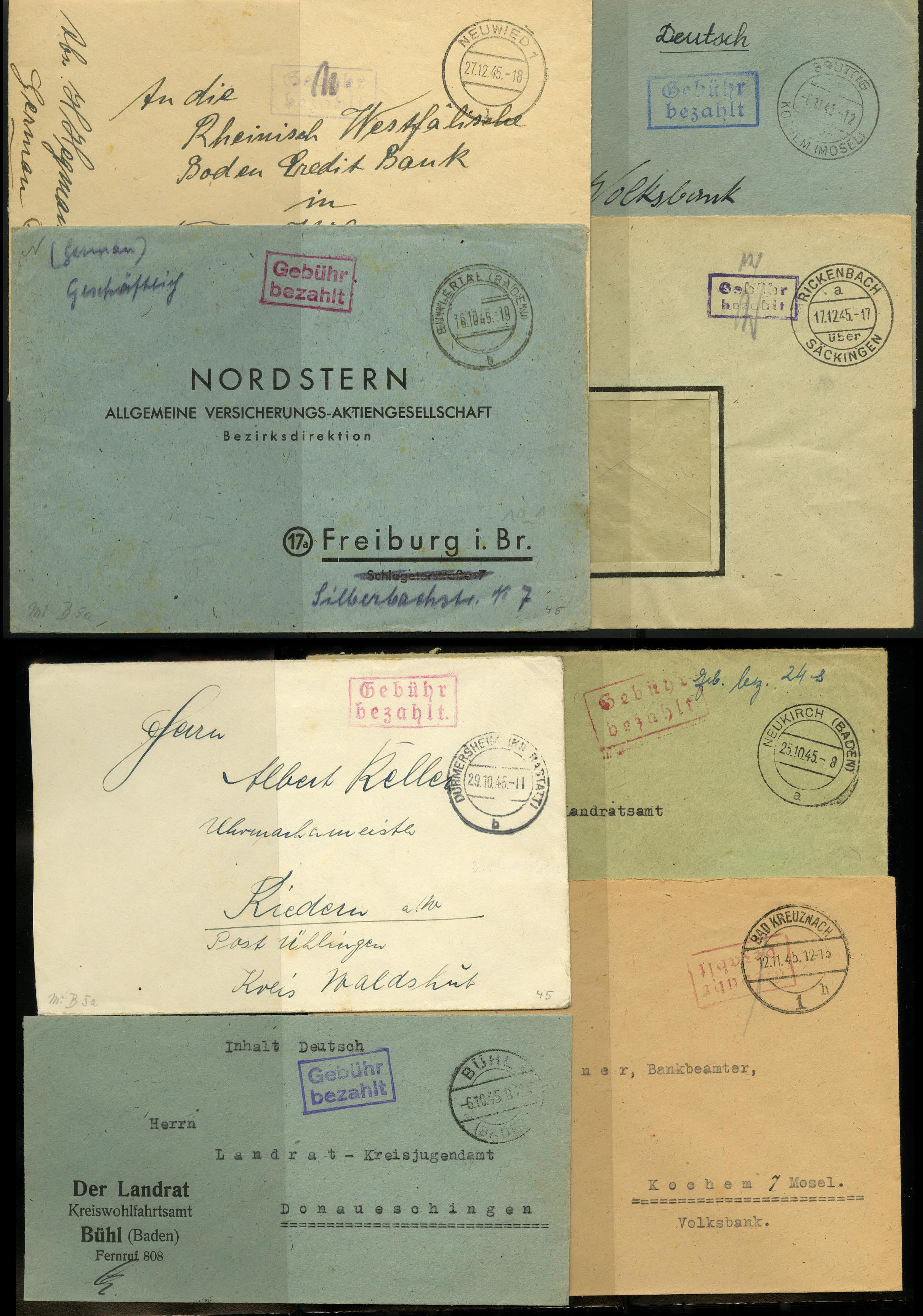Frz. Zone, 1945/47, Lot mit 8 Briefen "Gebühr bezahlt" · Hettinger