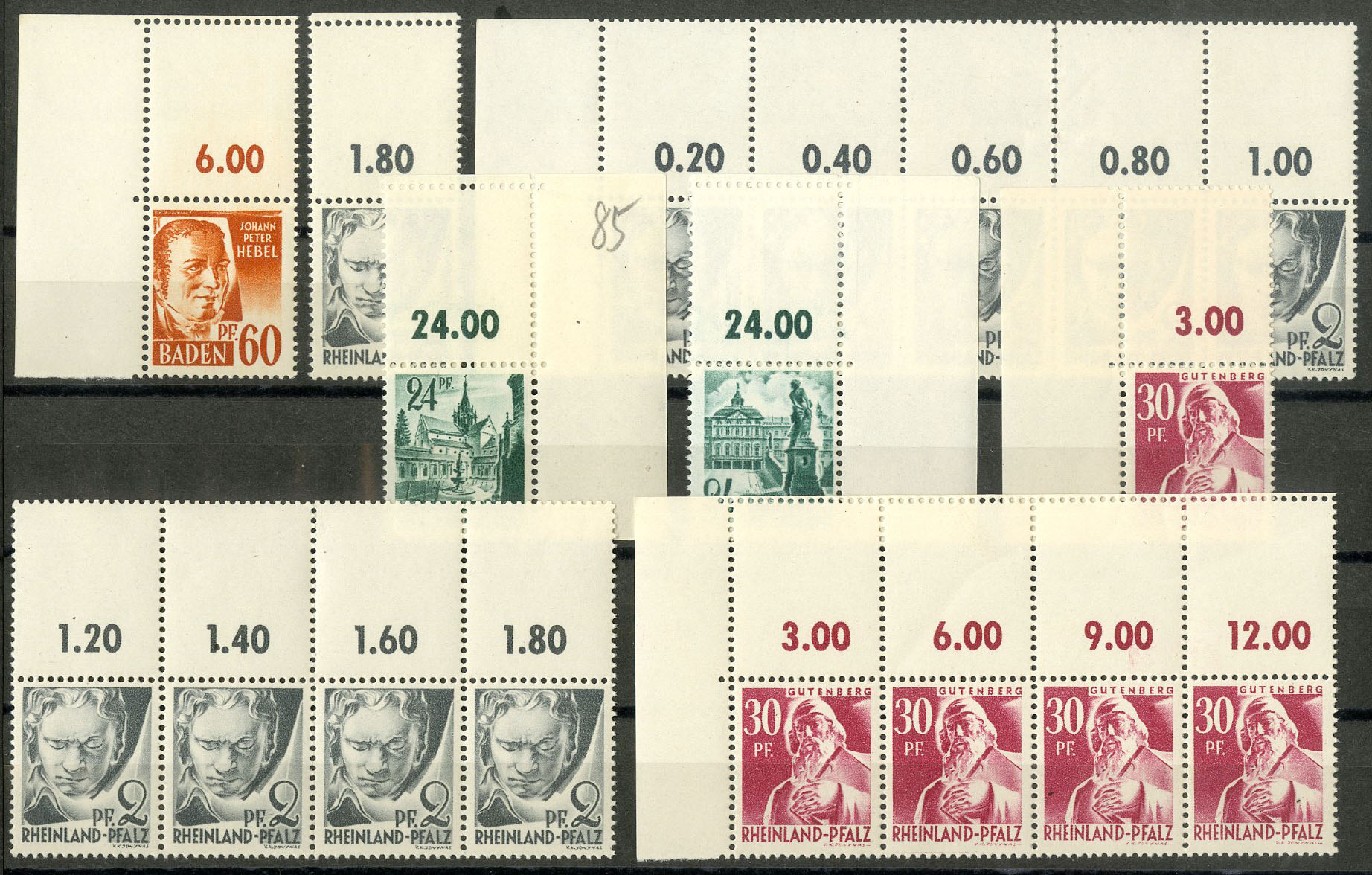 Frz. Zone, 18 Marken mit Leerfeld, postfrisch (9442) · Hettinger Philatelie