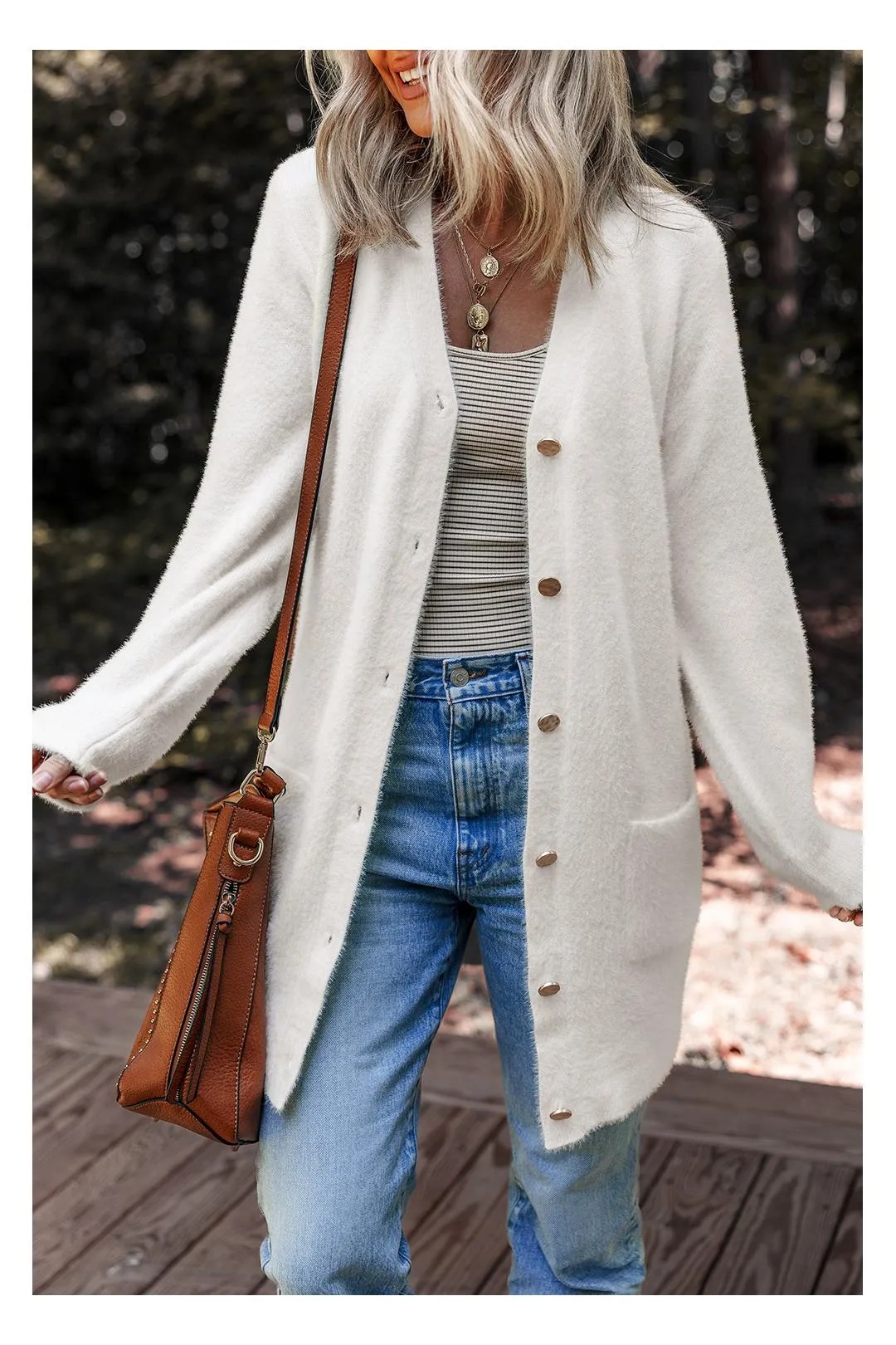 Jumpers &amp; Cardigans White Fuzzy Buttoned Front Midi Solid Cardigan