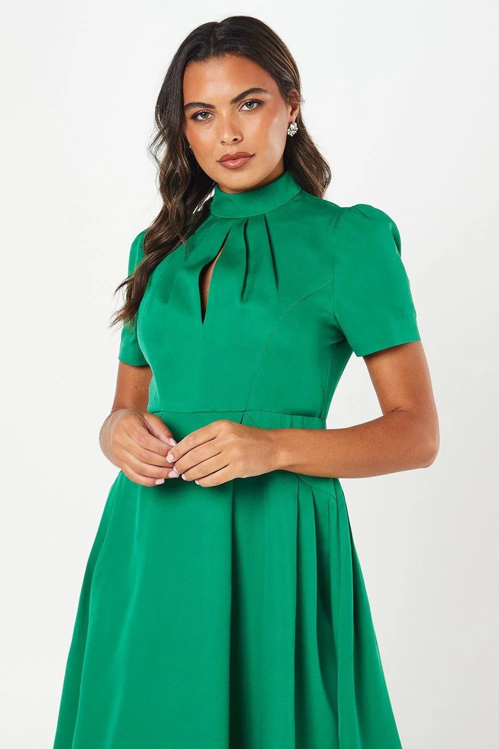 Dresses High Neck Stretch Crepe Full Skirt Midi Wedding Guest Dress