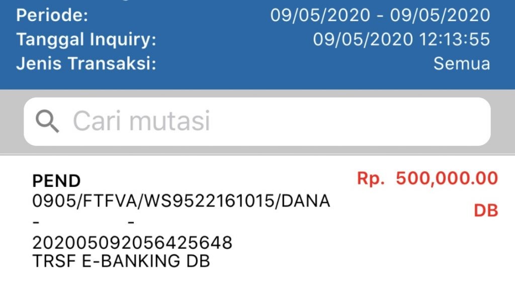 Transfer dari BCA ke BNI via Aplikasi DANA, Rekening Pengirim Terdebit