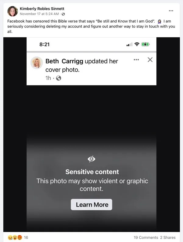 Post with Bible Verse Labeled by Facebook as 'Sensitive Content