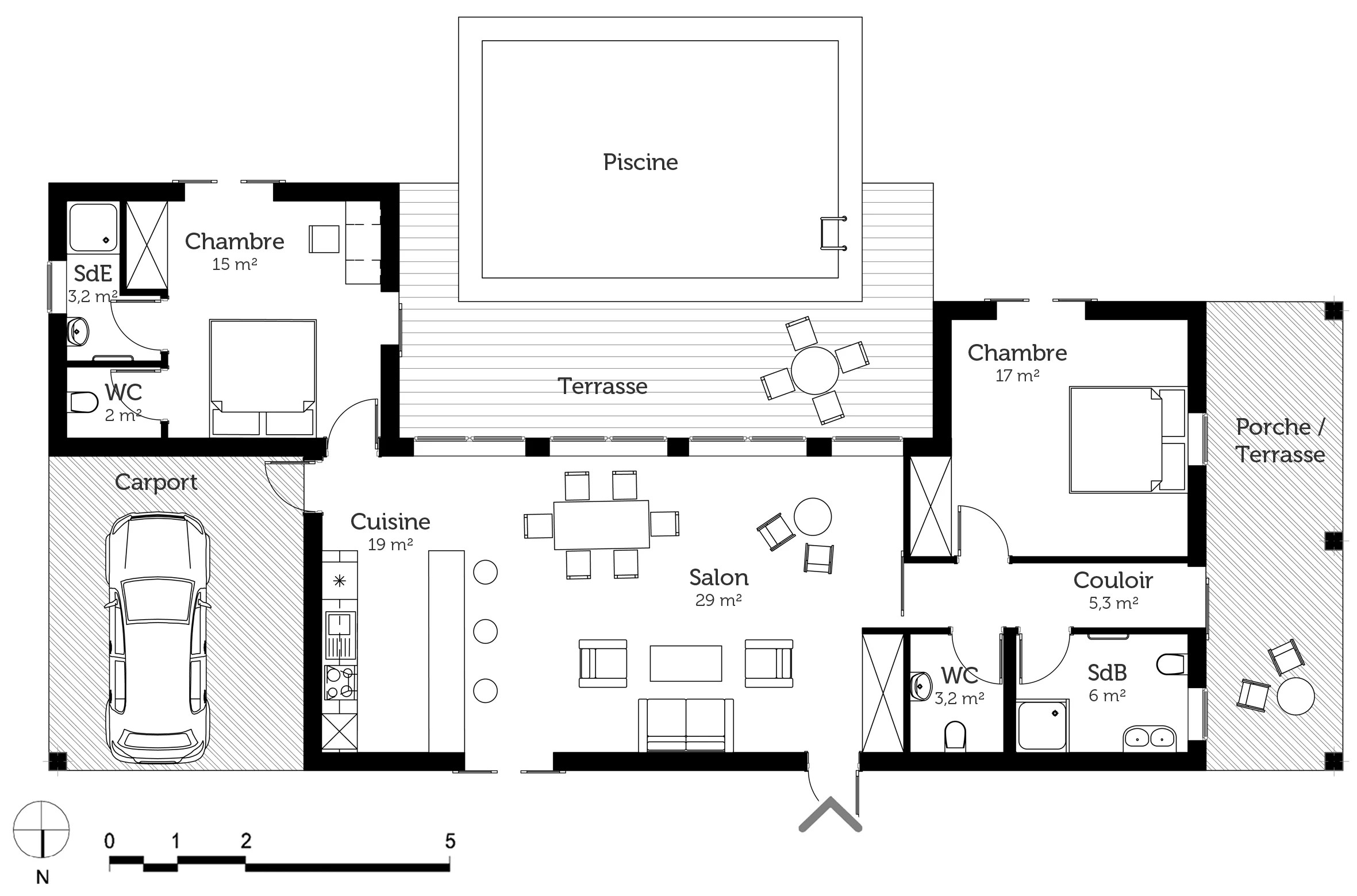 plan de maison en u plain pied