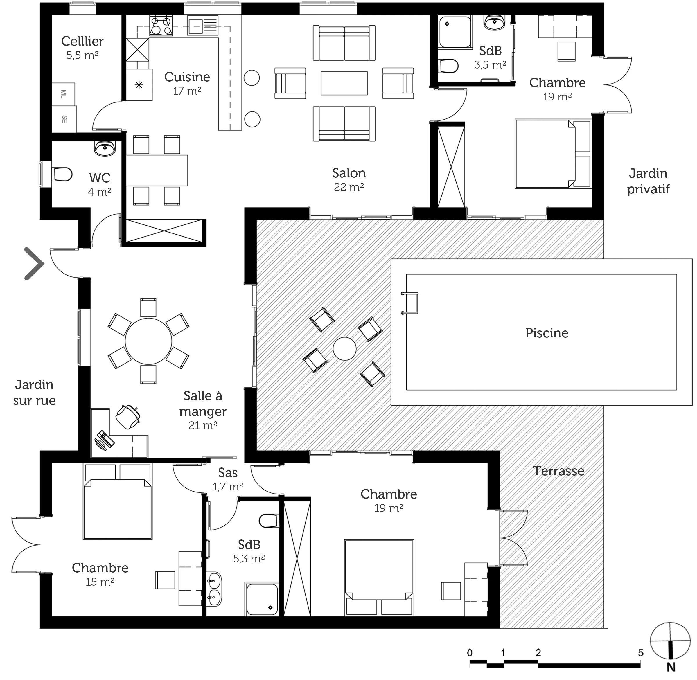 plan de maison en u plain pied
