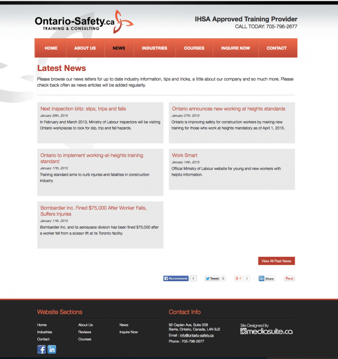 OntarioSafety Training Barrie Website Development Project Media Suite Inc.