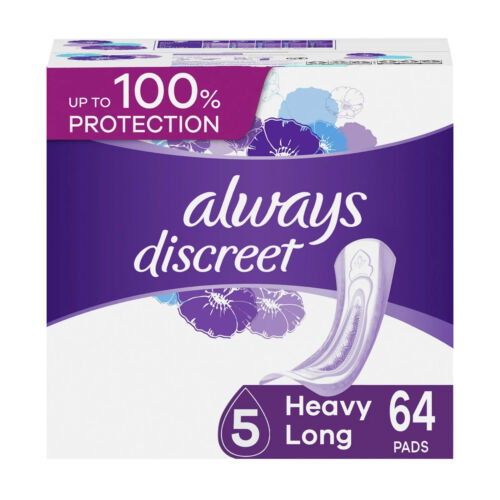 Always Discreet Incontinence Pads, Heavy Absorbency, Long, 64 Count