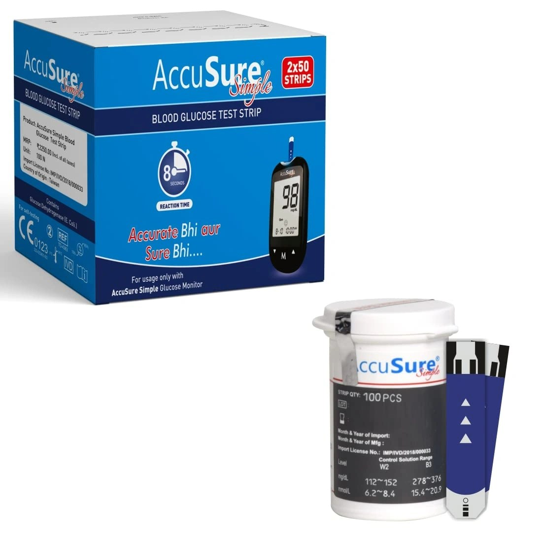 AccuSure Simple Blood Glucose Test 100 Strips, 2 X 50 Test Strip