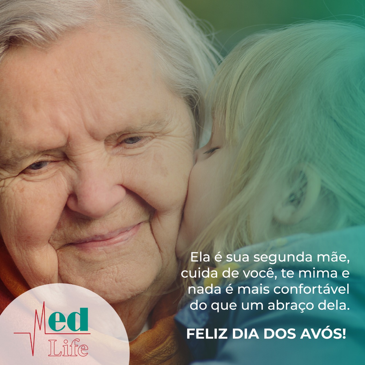 A ilustração mostra um casal de pássaros idosos em um poleiro, com seus netos voando em torno deles, transmitindo a mensagem por uma uma cena de avós e netos em família. Dia Dos Avos Med Life