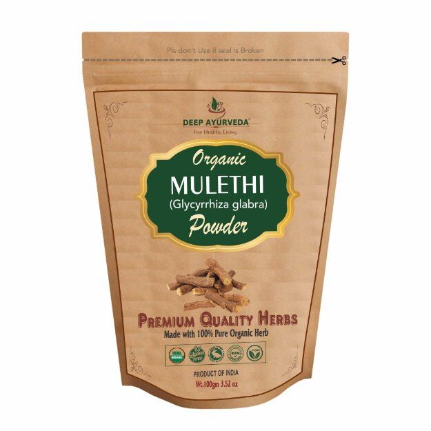 Deep Ayurveda Organic Mulethi Powder (Glycyrrhiza glabra) in Hindi की जानकारी, लाभ, फायदे, उपयोग