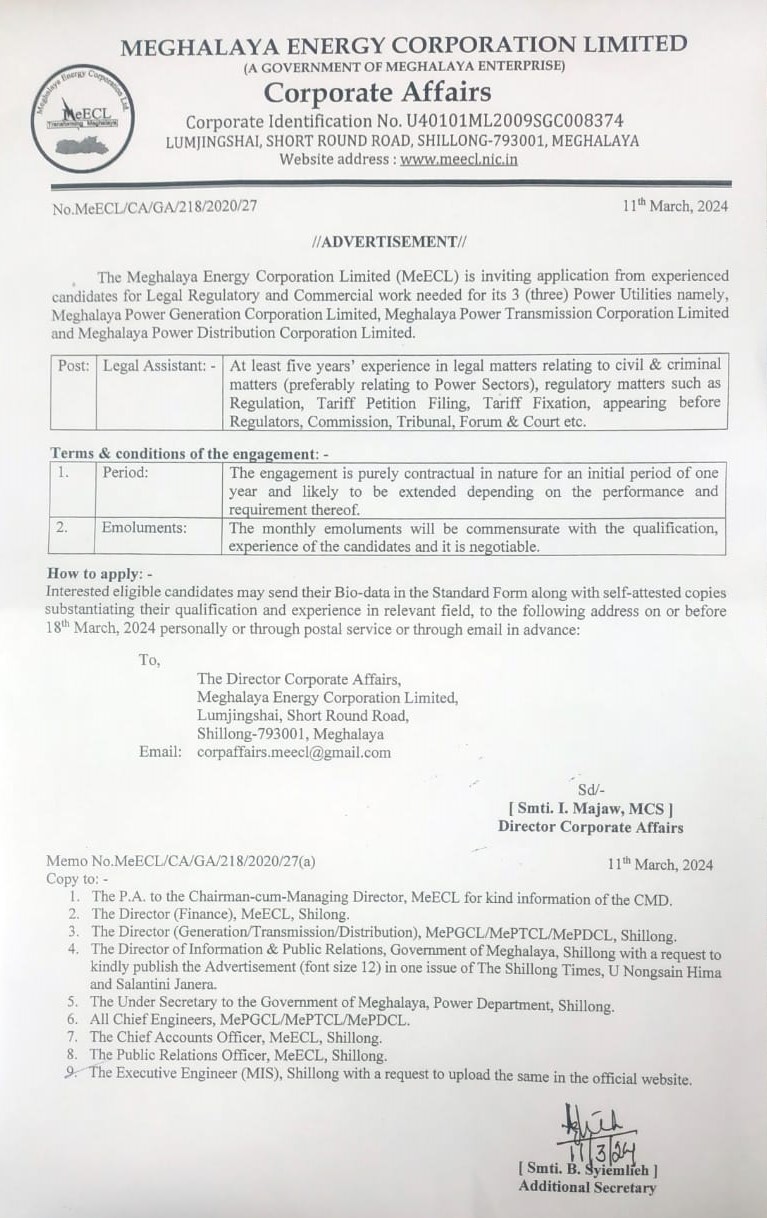 MeECL Recruitment 2024, Legal Assistant Vacancy