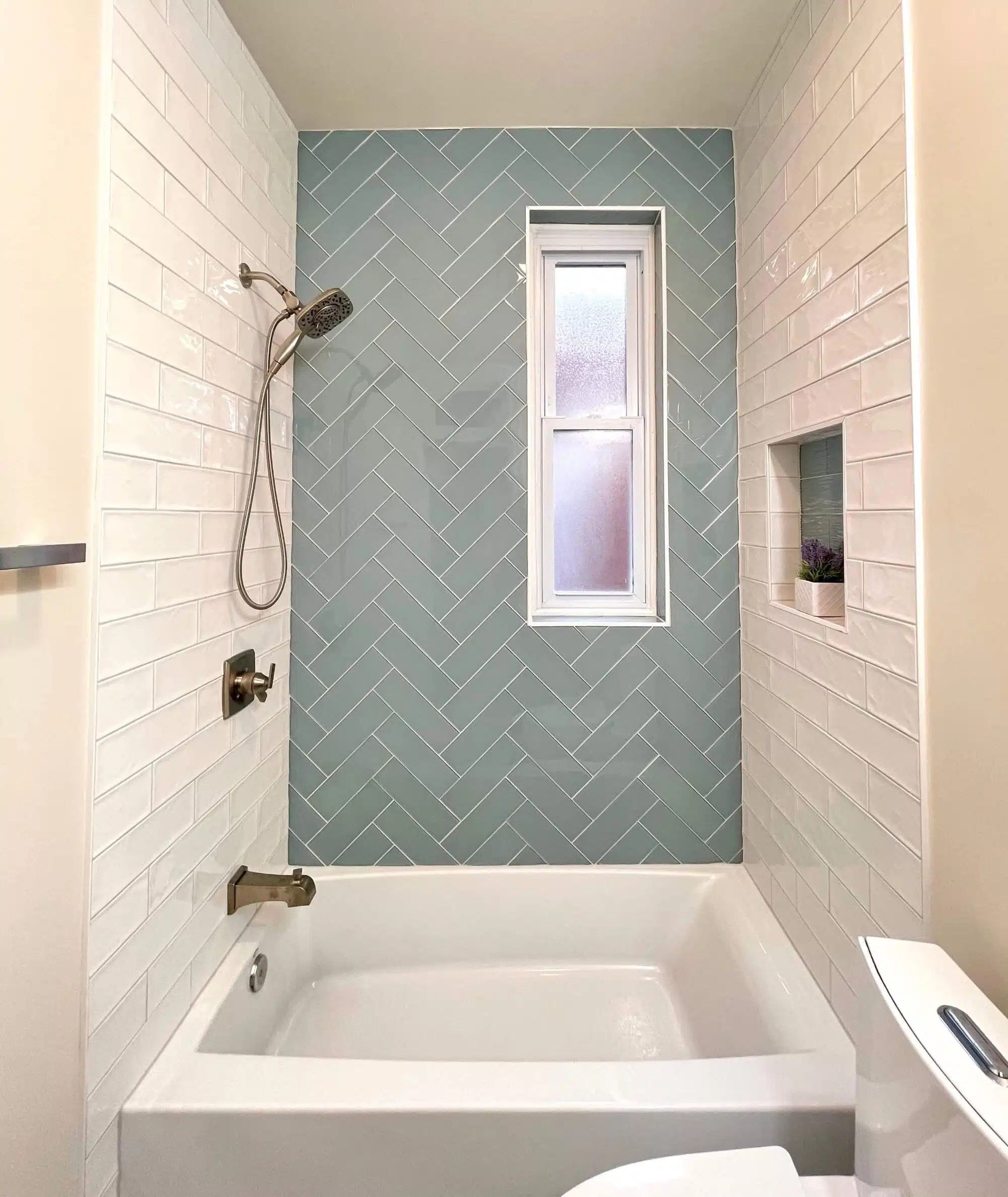 Light Green Tile Bathtub in a Small Bathroom Remodel Mega Kitchen and