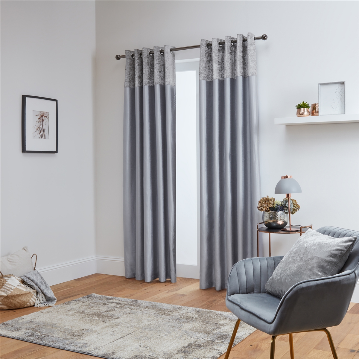 Silver Pair Of Crushed Velvet Band Faux Silk Eyelet Curtains Mehar