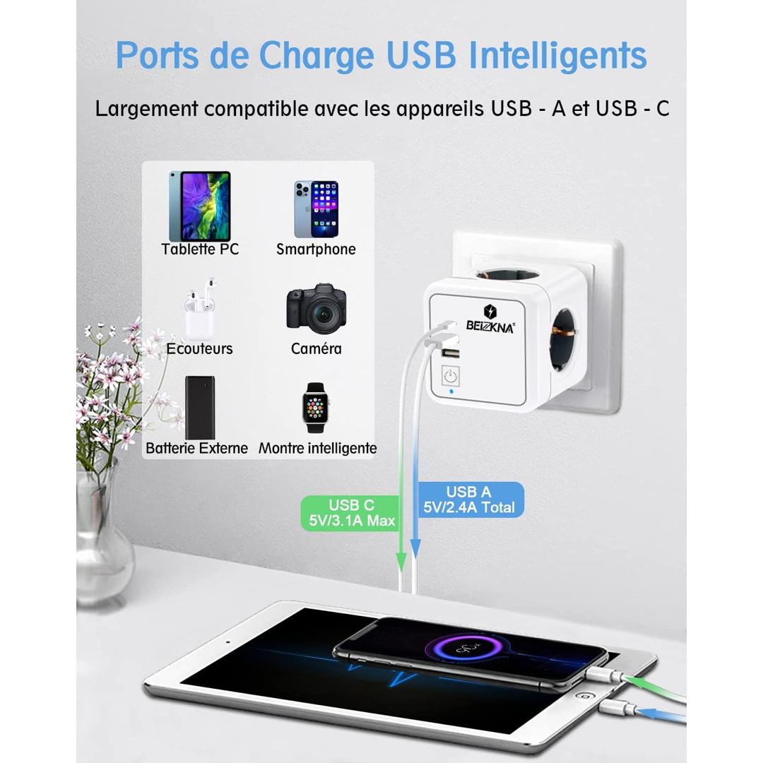 Multifunktionssteckdose, Mehrfachsteckdose, USB-A, USB-C, 4 Steckdosen