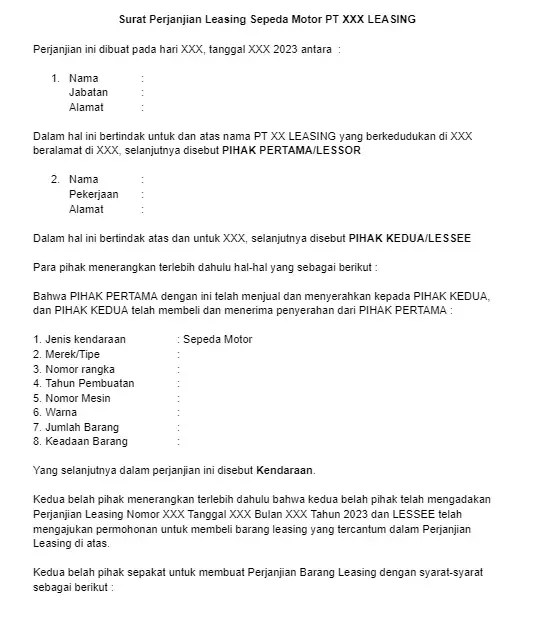 Contoh Perjanjian Leasing Dasar Hukum dan Jenisnya