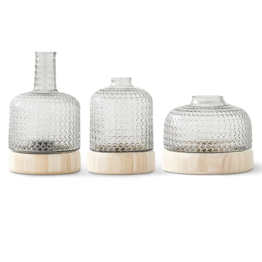 Gray Textured Glass Vase with Wood Base Mellow Monkey