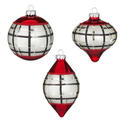 Red Black and Silver Plaid Glass Ornament 4in Mellow Monkey