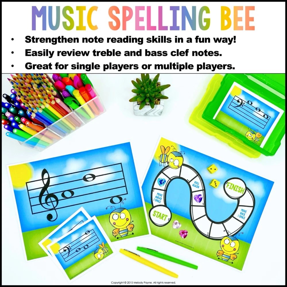Music Spelling Bee Treble and Bass Clef Note Reading Game Melody