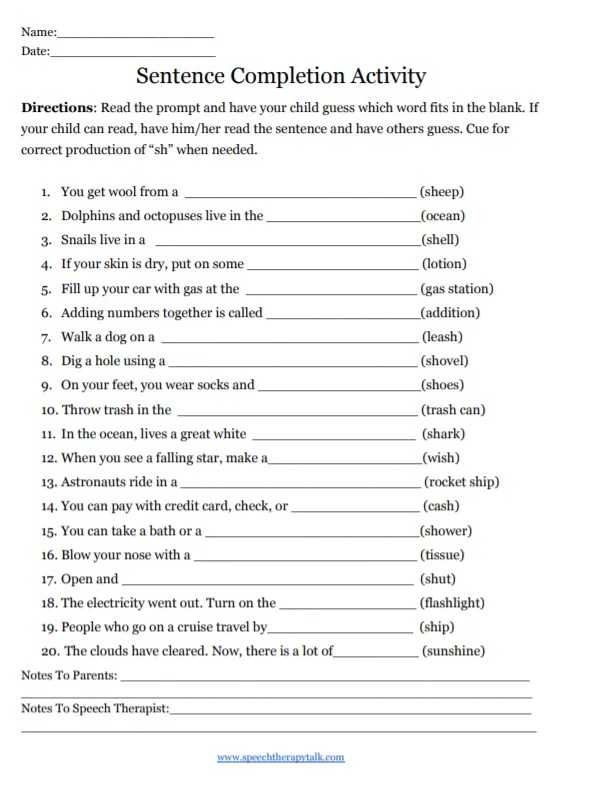 SH Sentence Completion Worksheet Speech Therapy Talk Membership