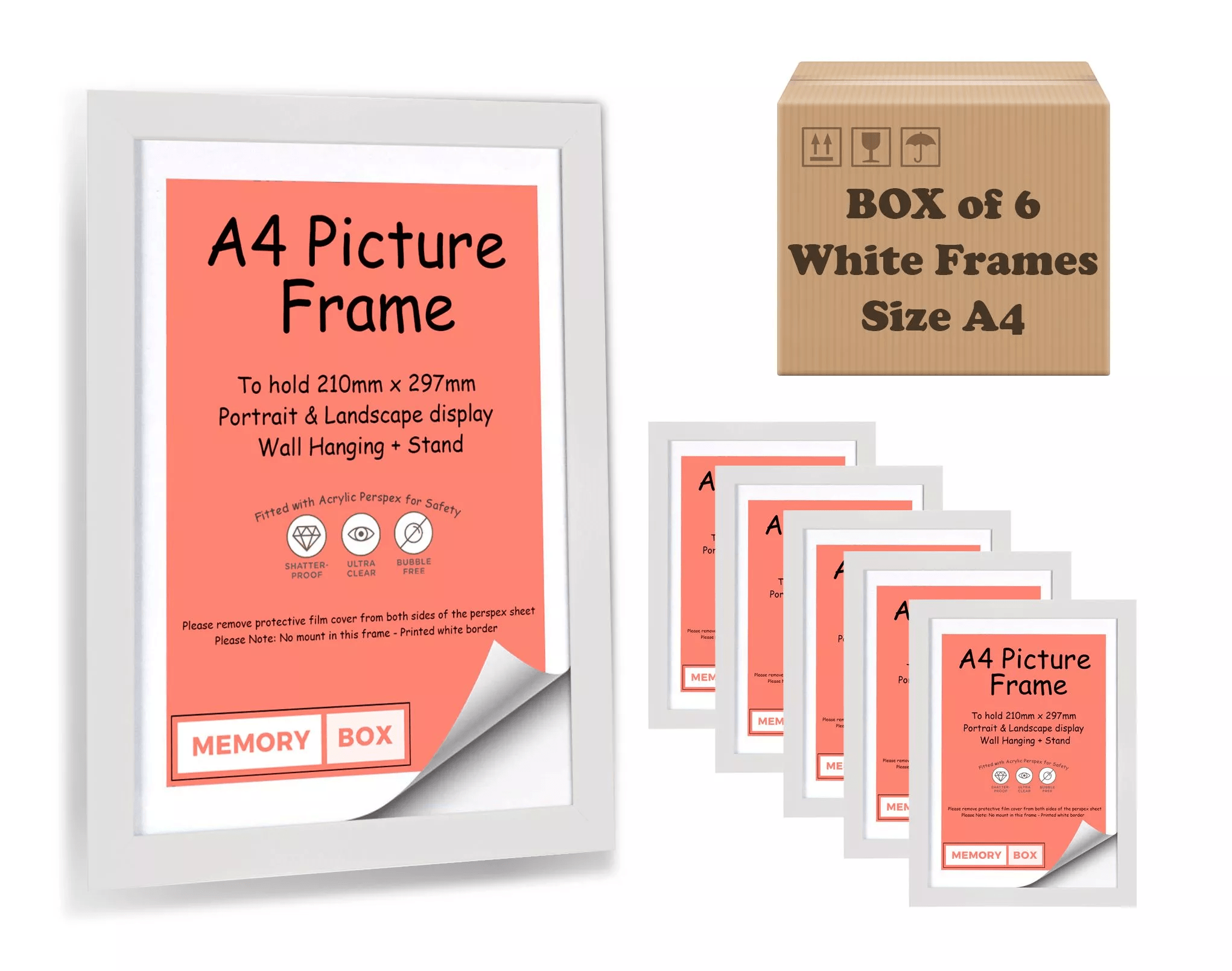 A4 WHITE BOX OF 6 PHOTO FRAMES • Memory Box