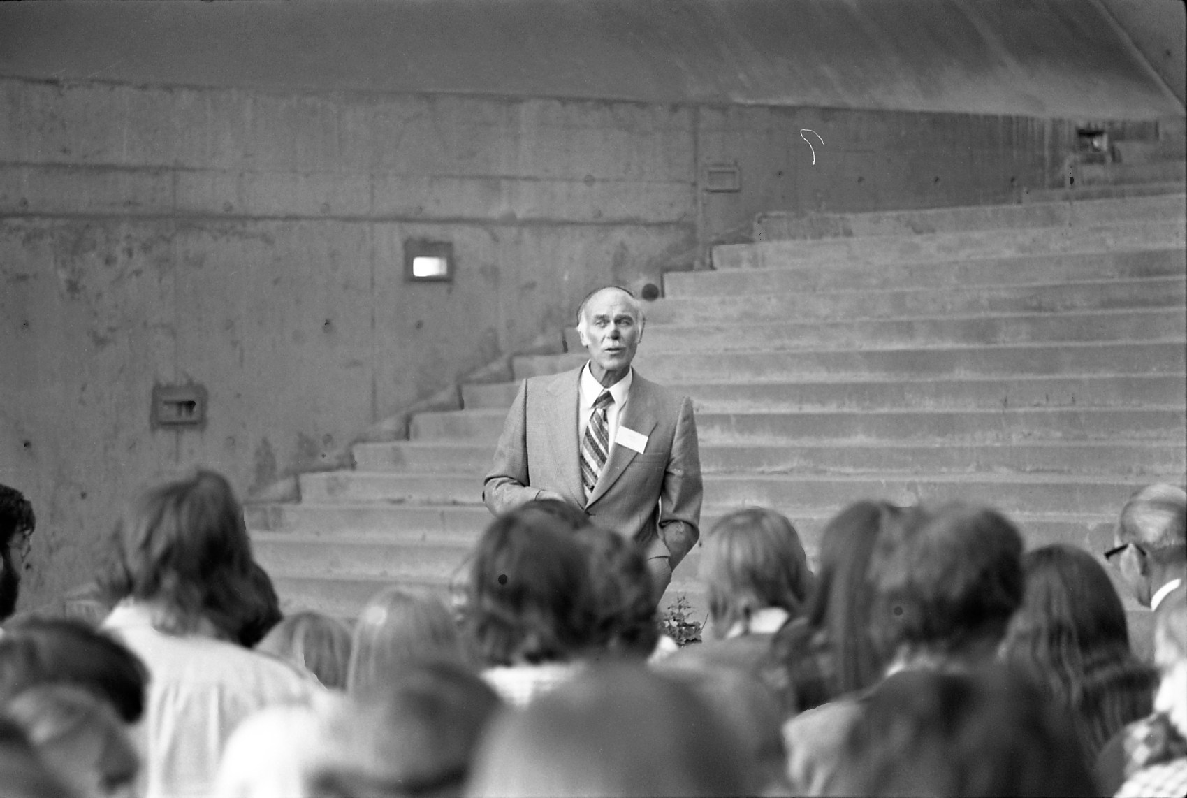 Crowd Around Speaker on Humanities Wing Patio Memories of Scarborough