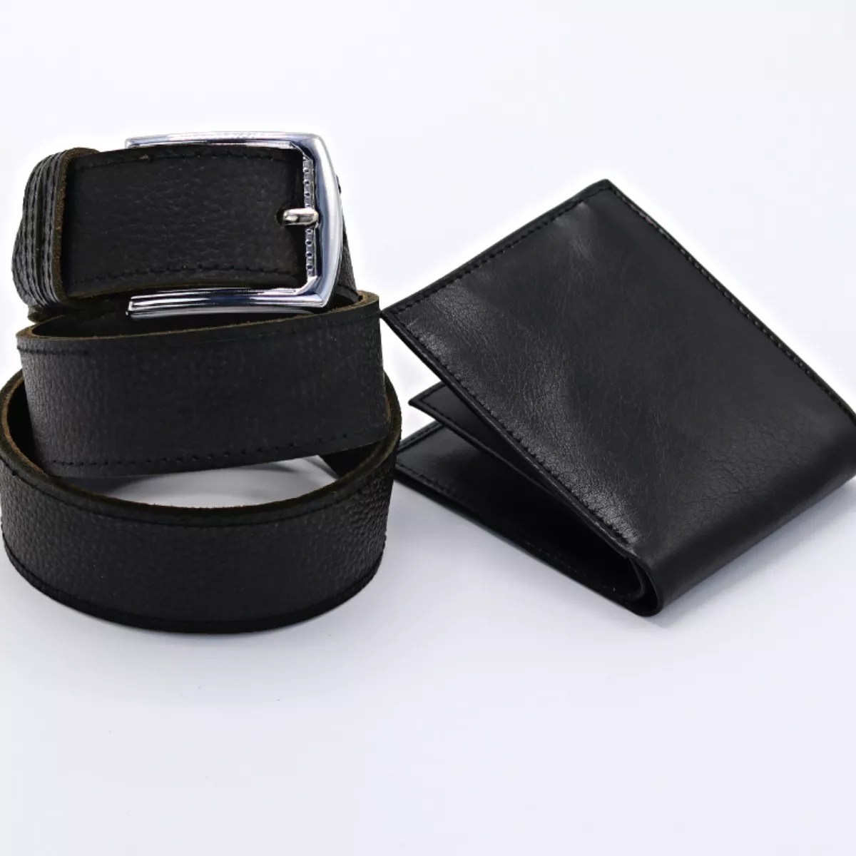 Black Wallet and Slim Belt in Real Leather Set in Black Mender