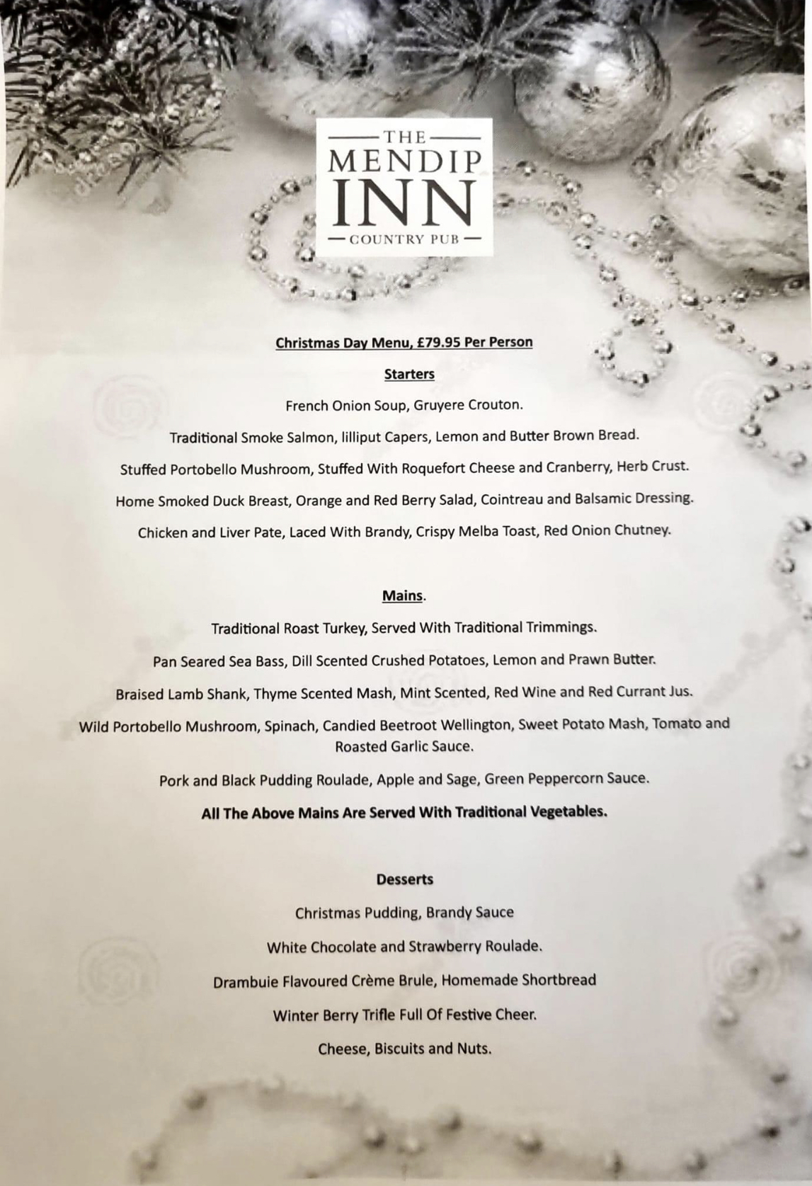 Christmas Day Menu 2023 The Mendip Inn
