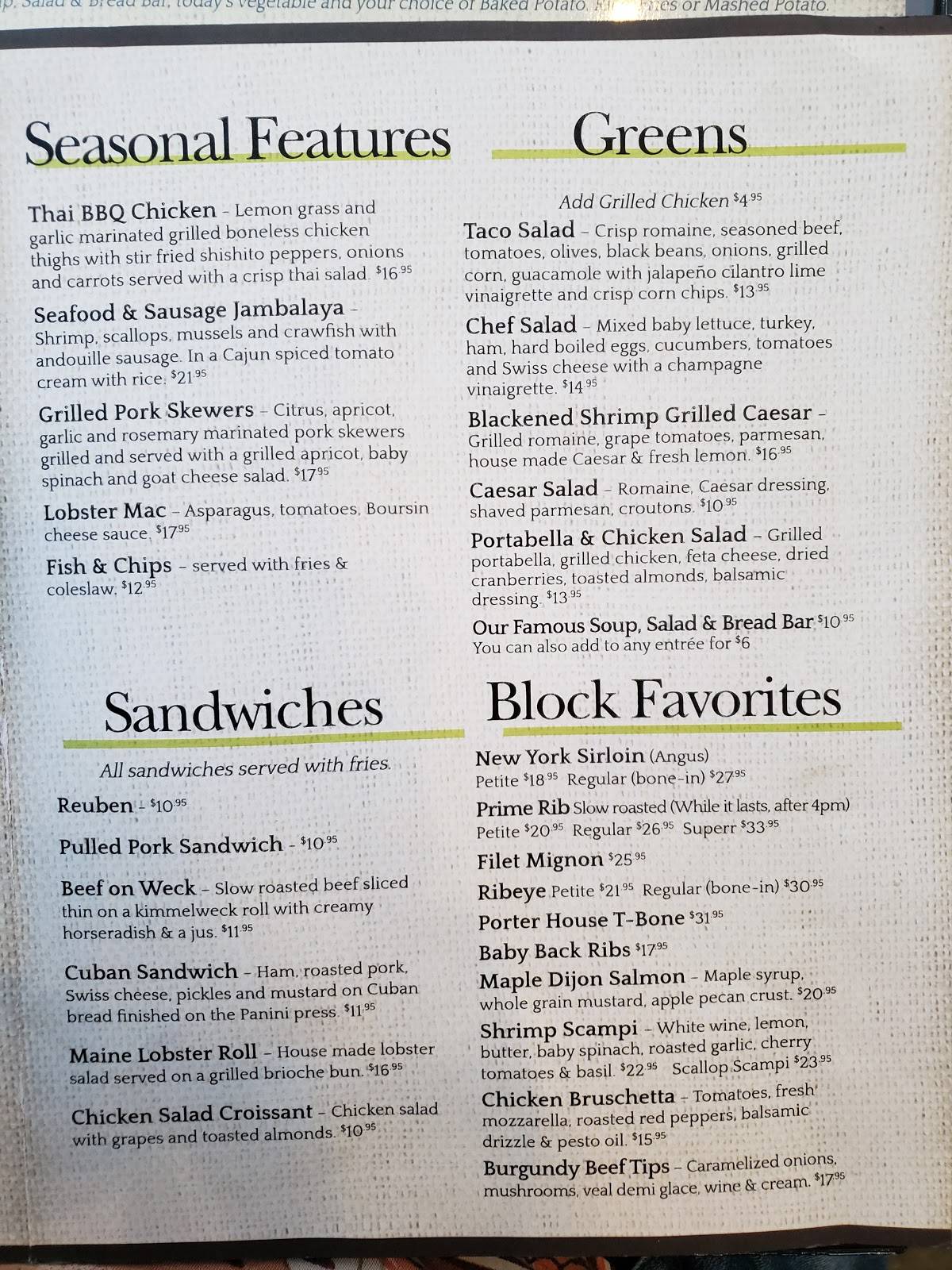 Menu at Butcher Block pub & bar, Plattsburgh