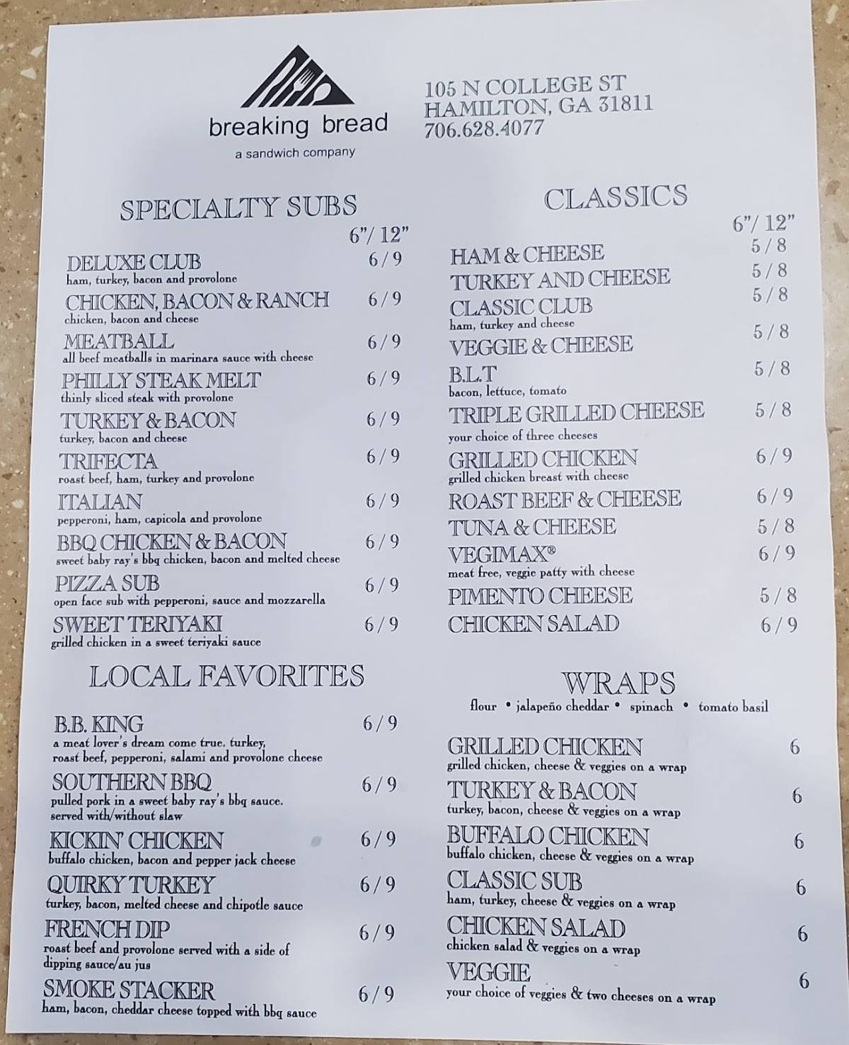 Menu at Breaking Bread restaurant, Hamilton