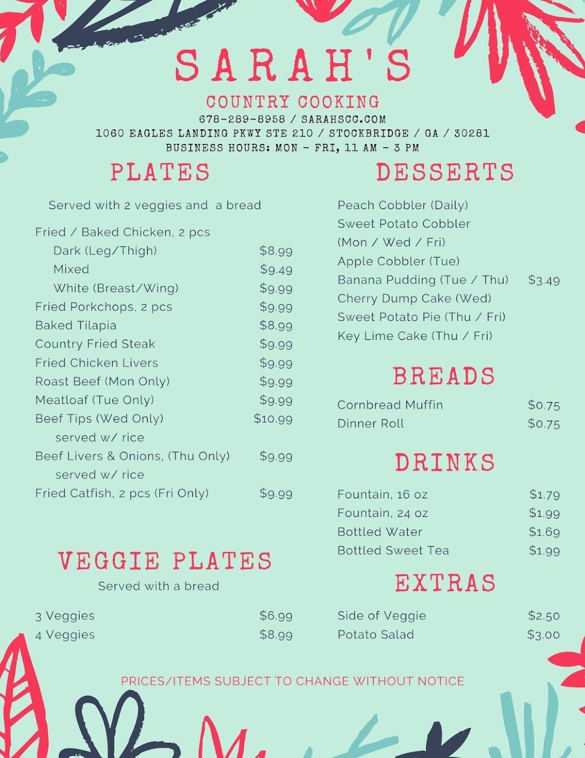 Menu at Sarah's Country Cooking restaurant, Stockbridge