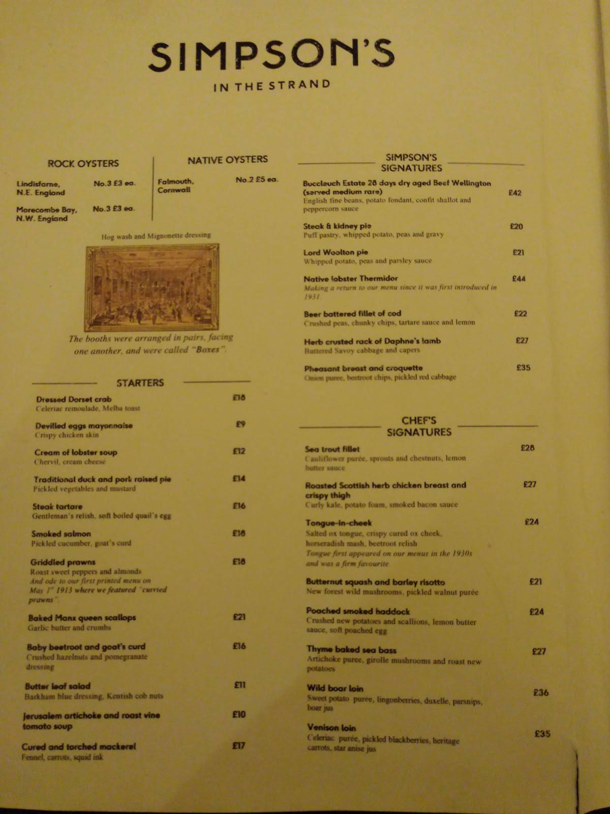 Menu at Simpson's in the Strand restaurant, London