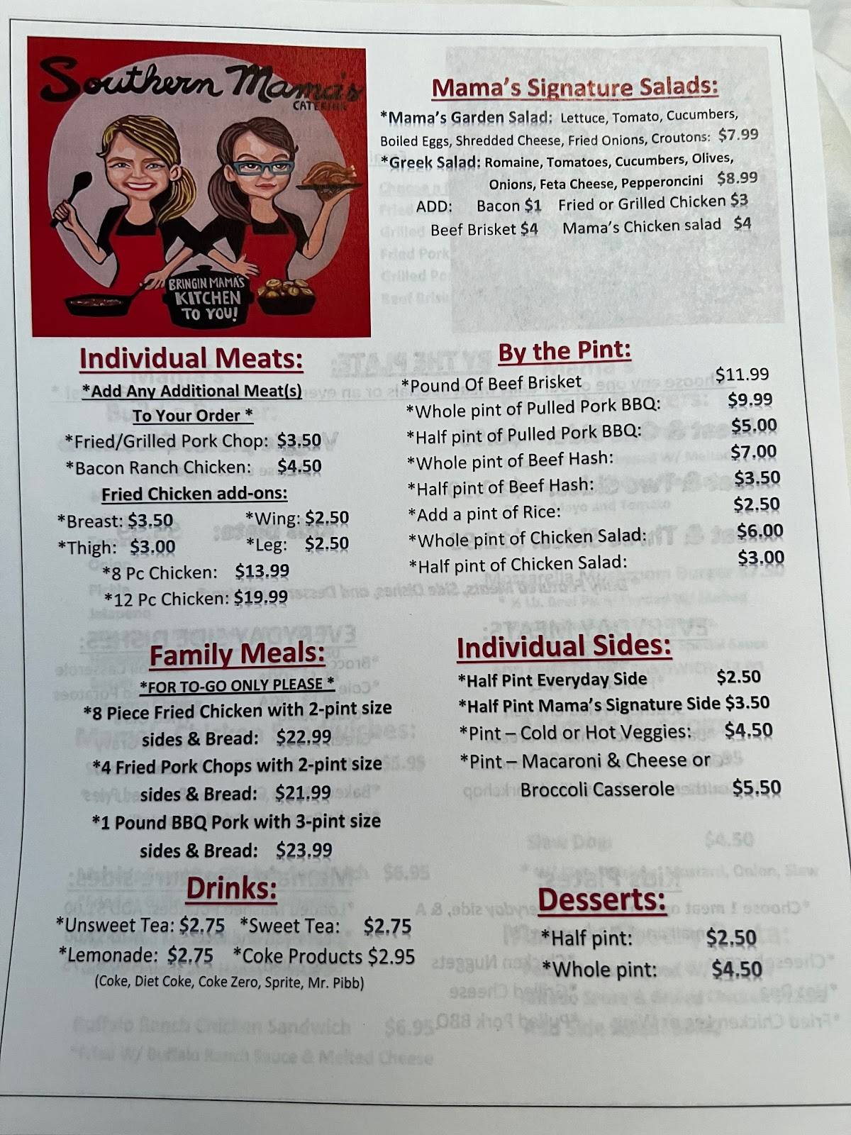 Menu at Southern Mama's restaurant, Elgin