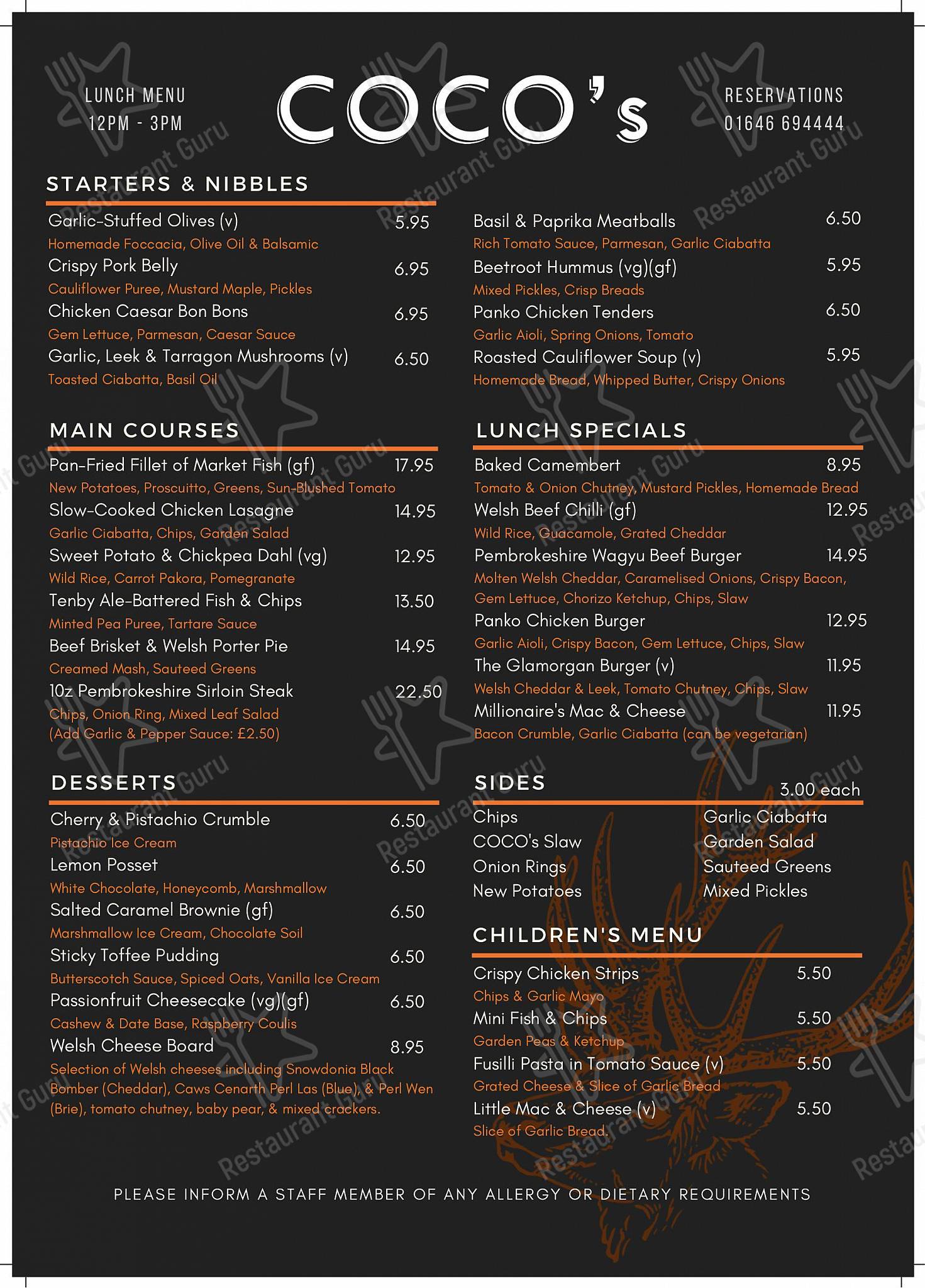 Menu at Coco's pub & bar, Milford Haven