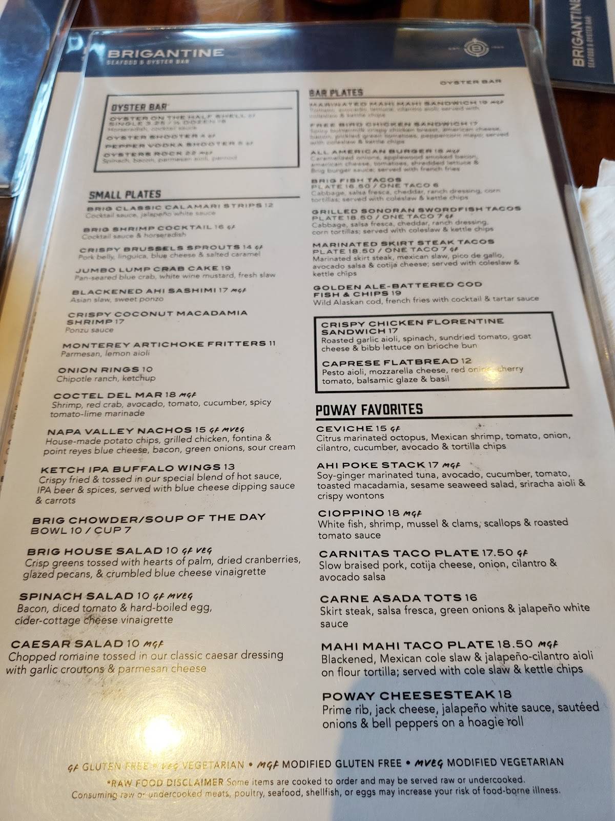 Menu at Brigantine Seafood & Oyster Bar, Poway, Poway Rd