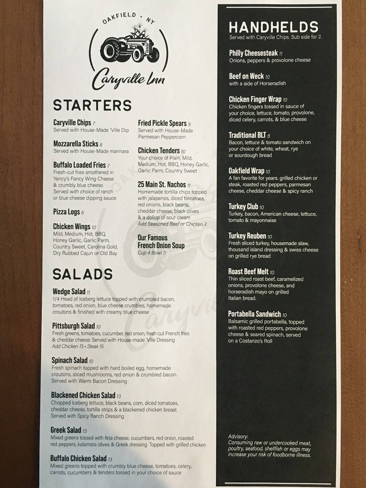 Menu at Caryville Inn restaurant, Oakfield