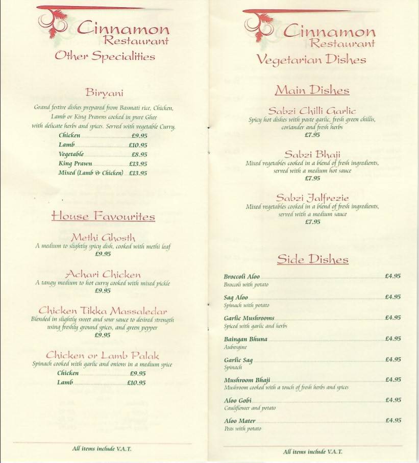 Menu at Cinnamon Restaurant, Inverness