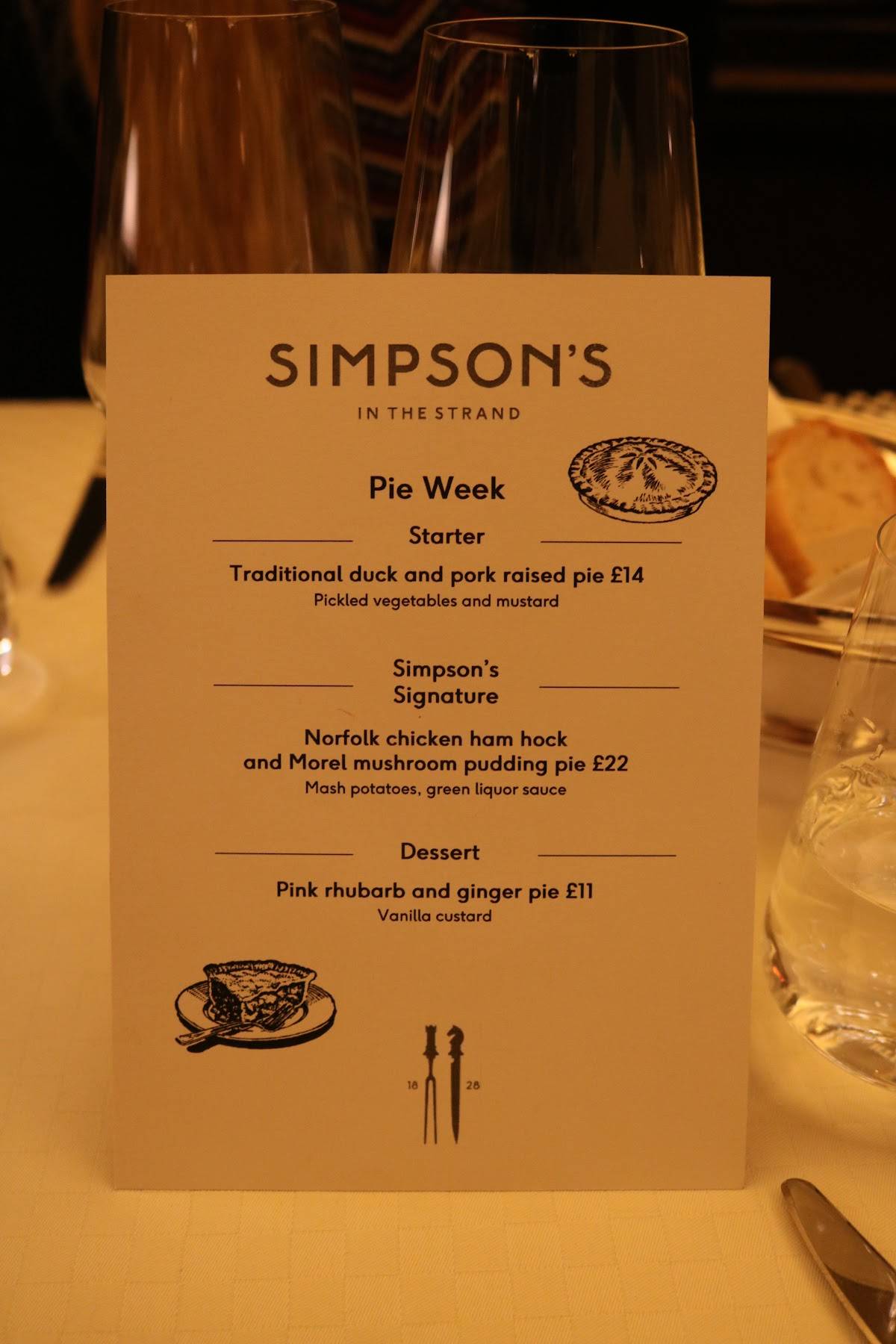 Menu at Simpson's in the Strand restaurant, London