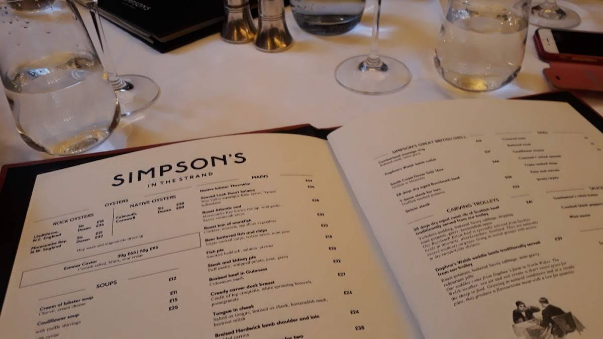 Carta del restaurante Simpson's in the Strand, Londres
