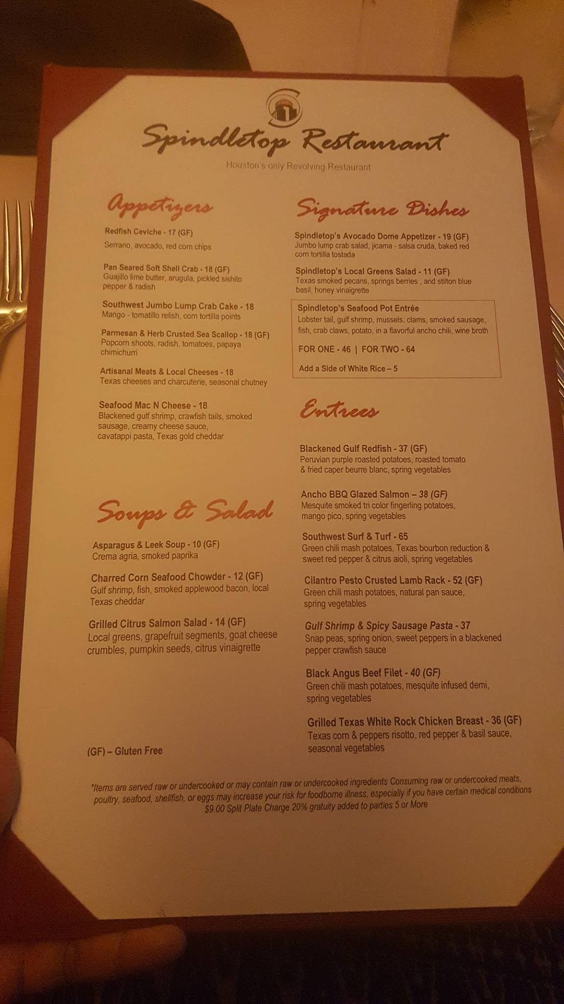 Menu at Spindletop steakhouse, Houston, 1200 Louisiana St