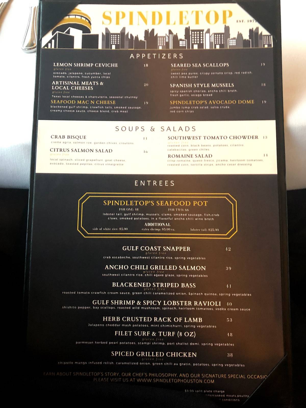 Menu at Spindletop steakhouse, Houston, 1200 Louisiana St