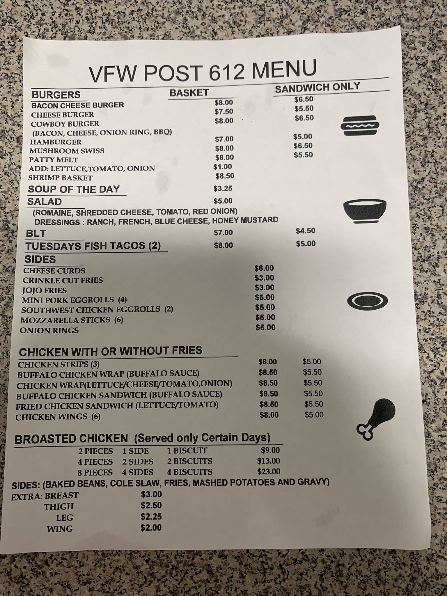 Menu at VFW Post 612 pub & bar, Fergus Falls